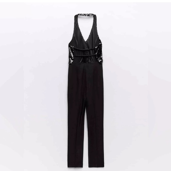 Zara Sequin Vest Halter Jumpsuit Open Back V- neck Black size S - Picture 5 of 12